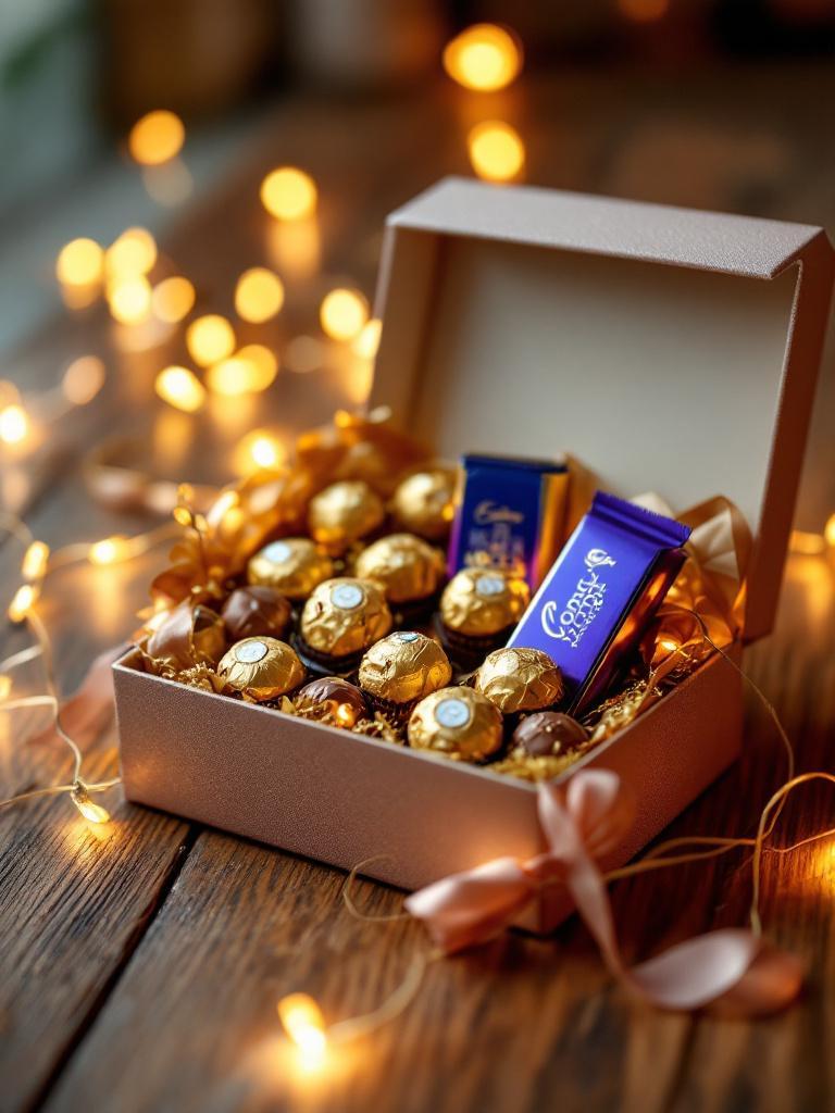 Assorted branded chocolate gift box featuring Ferrero Rocher and Cadbury chocolates, decorated with gold accents and festive wrapping, perfect for Dashain celebrations