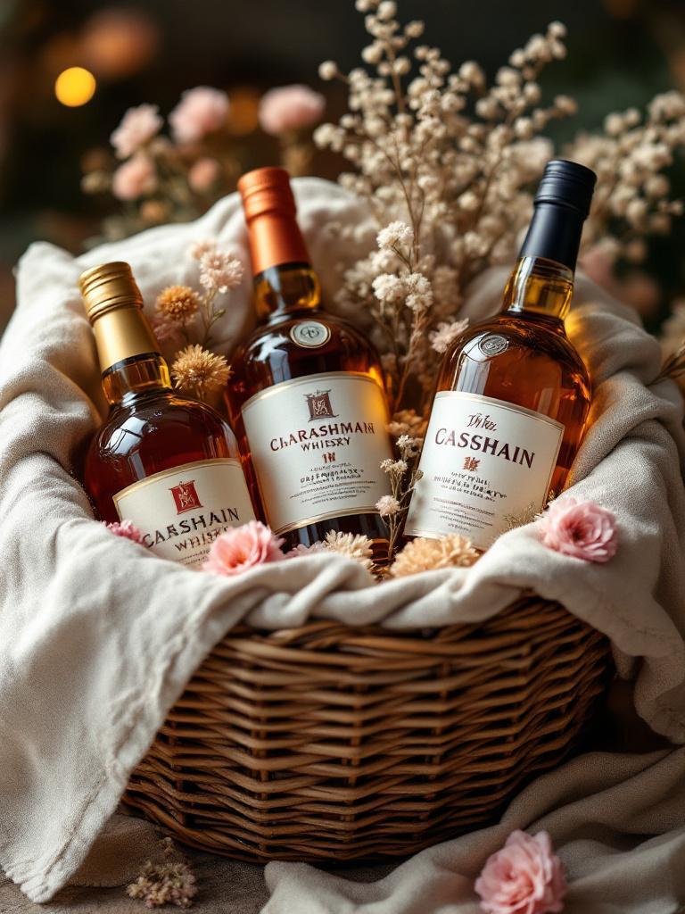 Premium beverage gift hamper with whisky and wine bottles, elegantly arranged in a rustic basket with simple decorations, ideal for Dashain celebrations.