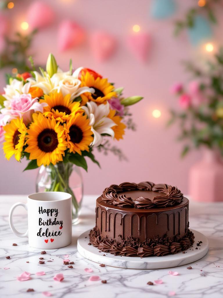 Birthday gift combo with chocolate cake, bouquet and personalised mug &mdash; perfect for same-day delivery in Kathmandu
