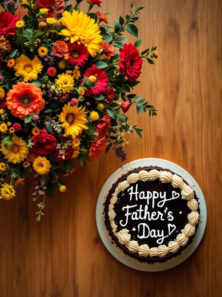 Chocolate and vanilla cake with fresh flowers on a table, same-day Father&rsquo;s Day gift in Nepal