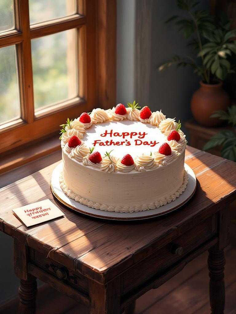 Rich chocolate Father&rsquo;s Day cake on a wooden table with subtle decorations, natural sunlight, and a small Nepali card reading &lsquo;Buwa ko Mukh Herne Din 2025