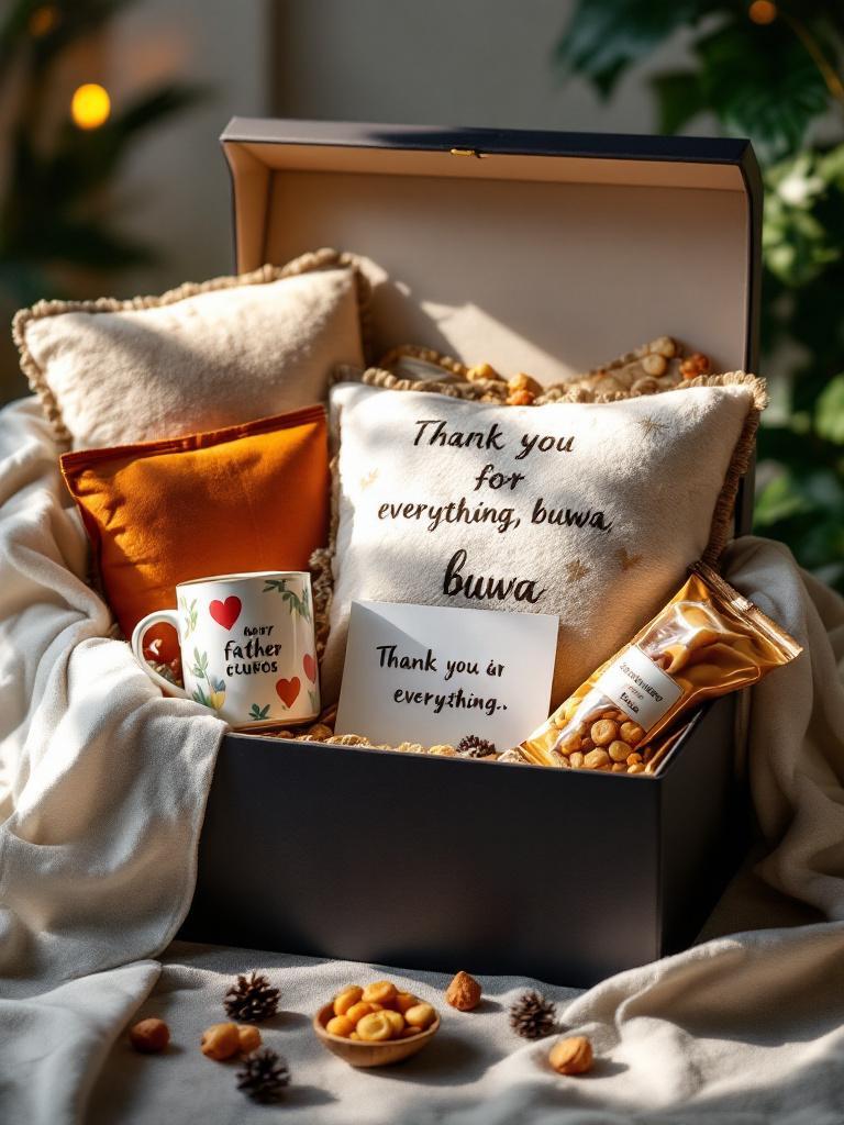 Premium DIY gift hamper Premium DIY gift hamper in a luxury gift box, containing a personalized mug, custom cushion, snacks, and a handwritten note, beautifully arranged for Father’s Day Nepal 2025