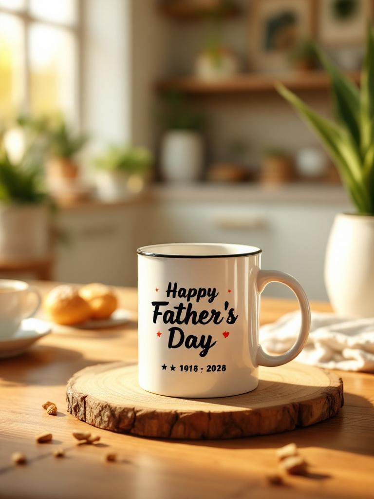 Personalized ceramic mug Personalized ceramic mug with father’s name and a heartfelt quote, filled with coffee, on a wooden table, cozy and realistic Father’s Day Nepal 2025 gift