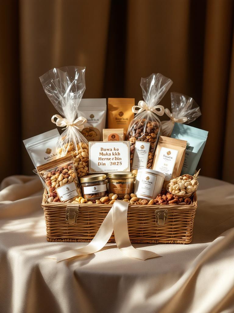 Personalized Father&rsquo;s Day food hamper featuring nuts, sweets, teas, and snacks, with a handwritten Nepali card reading &lsquo;Buwa ko Mukh Herne Din 2025&rsquo; on a cozy wooden table