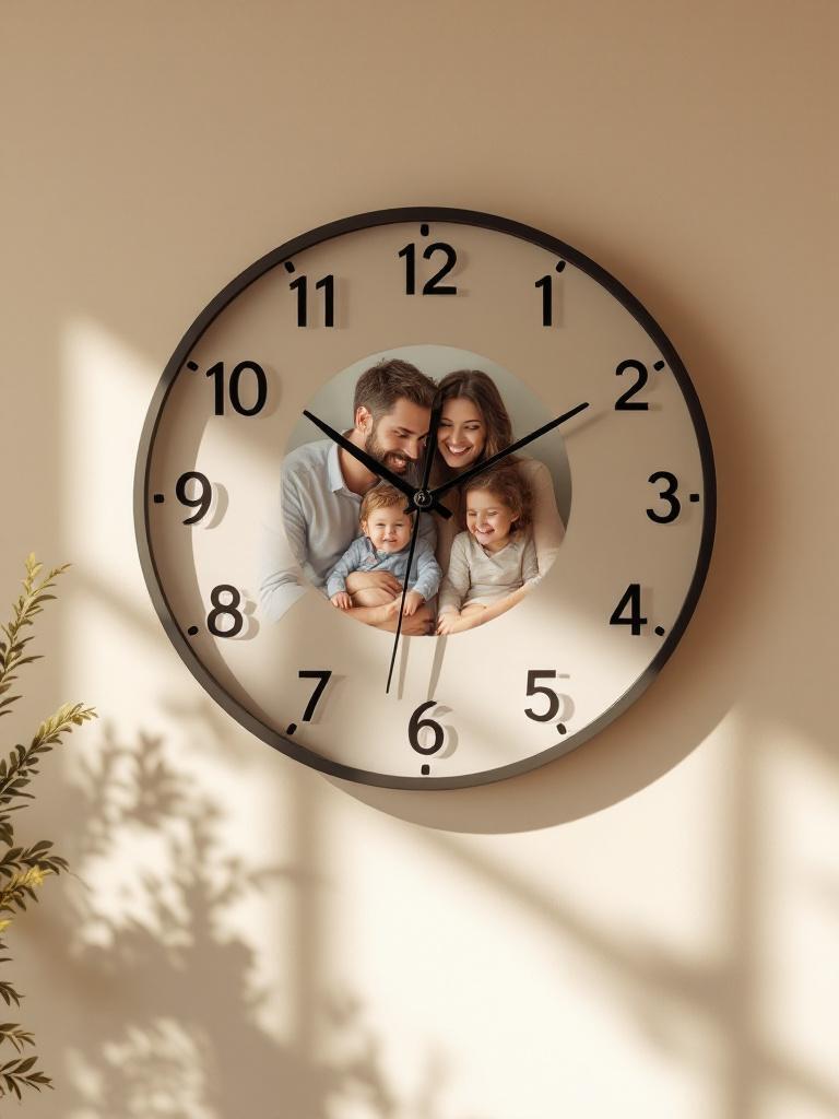 Personalized wall clock Front-facing personalized wall clock with a family photo in the center, displayed against a plain neutral background, premium Father’s Day Nepal 2025 gift