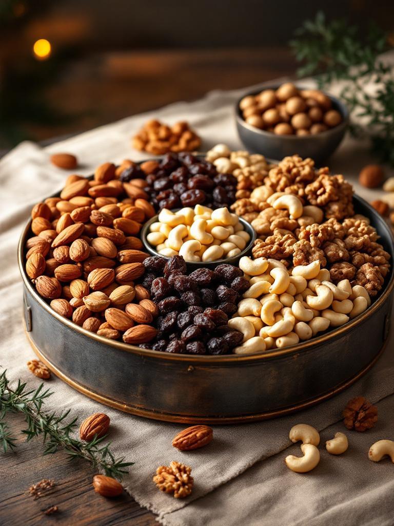 Elegant dry nuts gift hamper with assorted almonds, cashews, walnuts, and raisins arranged in metal trays and stylish gift pouches, perfect for healthy Dashain gifts.