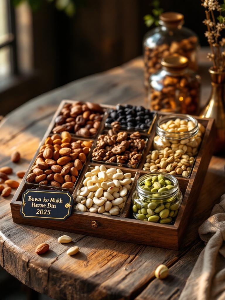 Premium dry nuts gift hamper with neatly arranged almonds, cashews, walnuts, and pistachios in jars, with warm natural light and a Nepali Father&rsquo;s Day tag