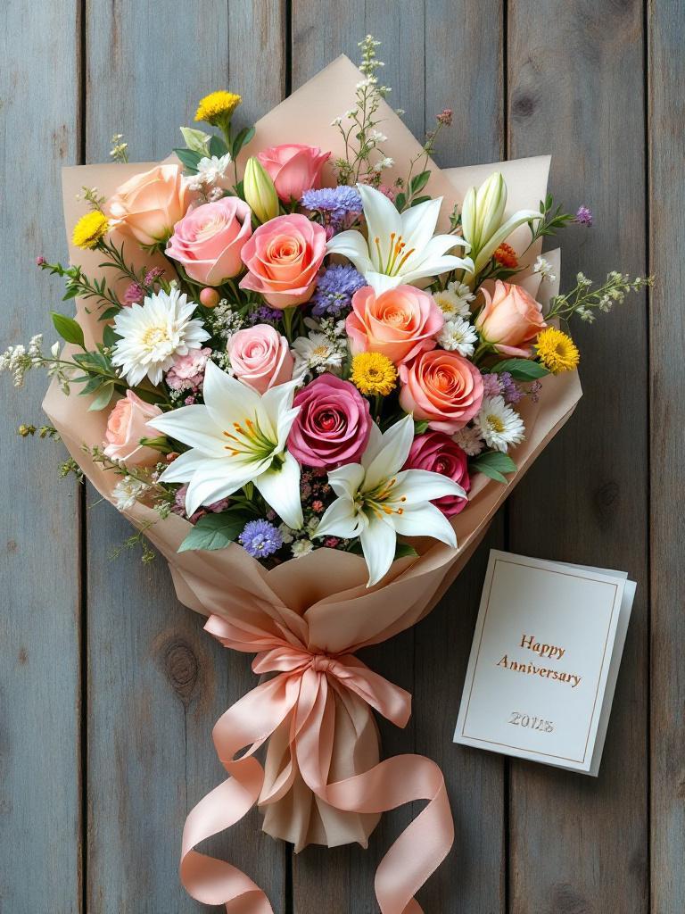 Fresh flower bouquet Fresh flower bouquet with custom anniversary greeting card