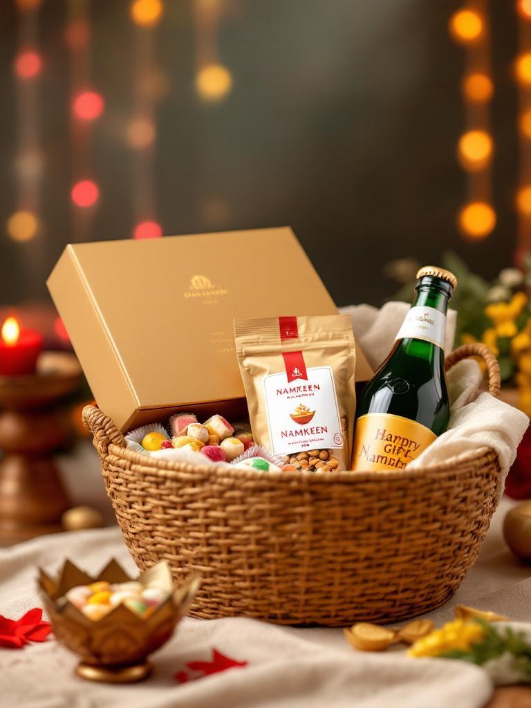 Premium Dashain food gift hamper with a sweet box containing traditional Nepali sweets, a neatly packed namkeen pouch, and a beverage bottle arranged in an elegant basket with minimal festive decor.