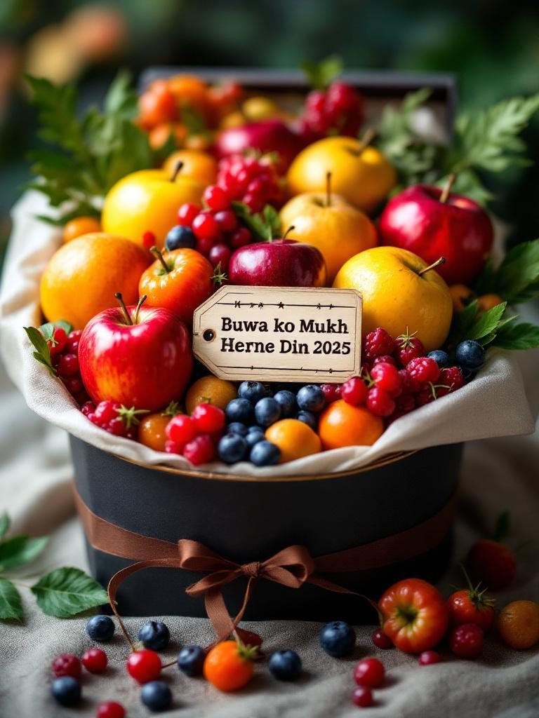Vibrant fresh fruit basket with mangoes, apples, papayas, and berries on a wooden table, with natural light and a Father&rsquo;s Day tag in Nepali