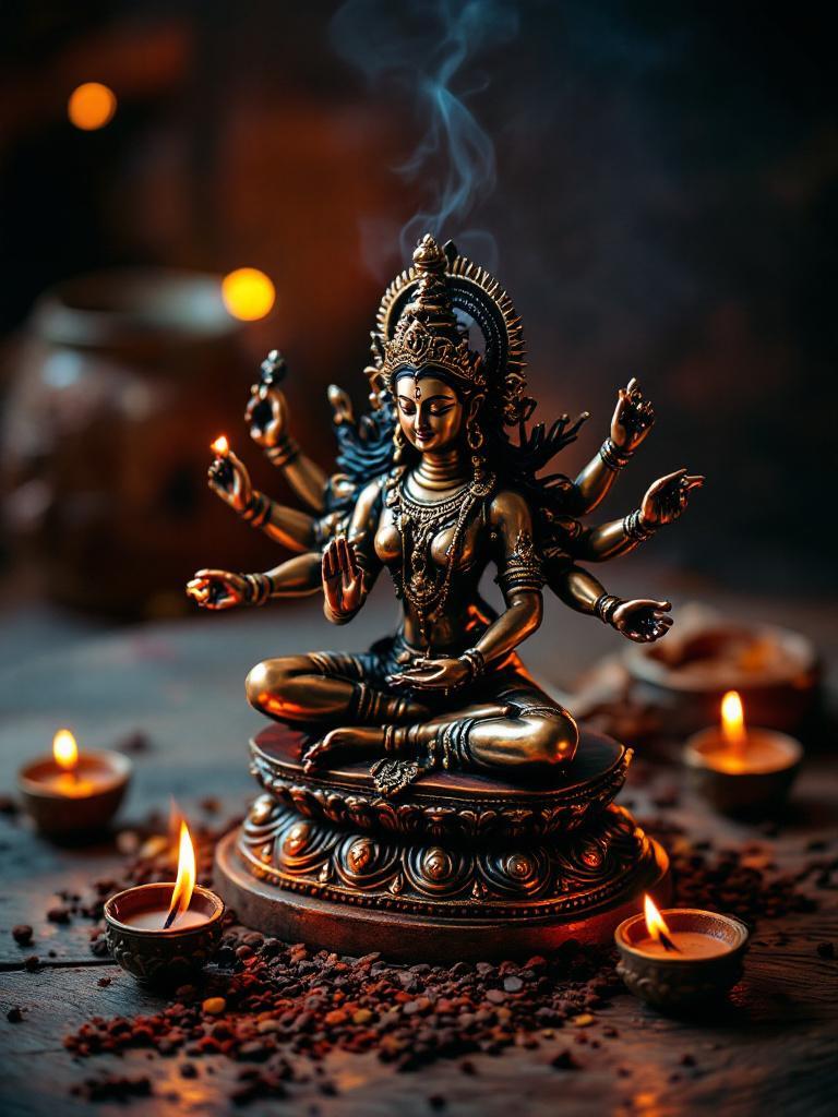 Brass statue of Goddess Durga on a traditional wooden altar decorated with marigold flowers and incense, illuminated with warm golden lighting for Dashain