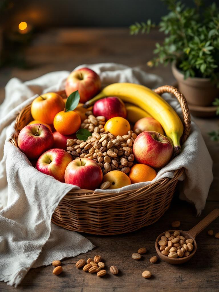 Healthy gift basket with fruits, berries, dry nuts, seeds, grains, oats, cheese, and dark chocolate for a nutritious and thoughtful gift &ndash; Giftmandu