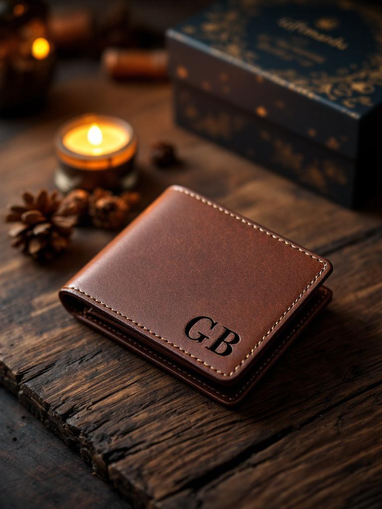 Leather wallet with CO₂ laser engraved initials, elegant personalized gift from Giftmandu Nepal