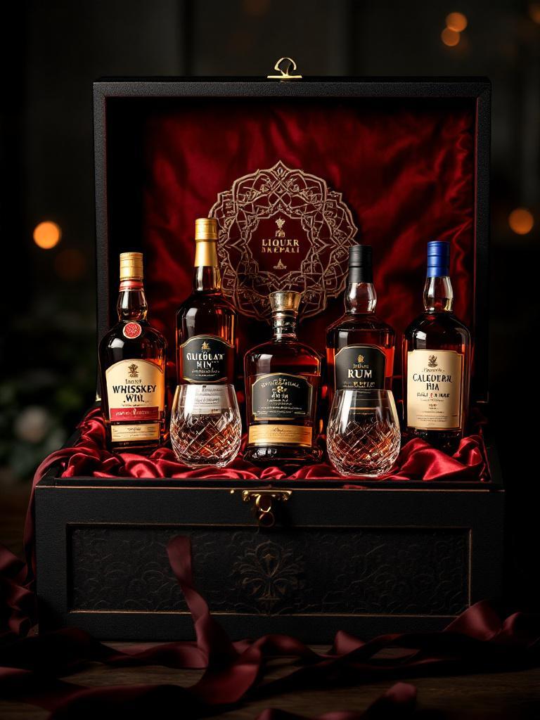 Luxury liquor gift hamper with premium whisky, wine, and rum bottles in a dark wooden box lined with velvet, accompanied by crystal glasses and Nepali motifs.