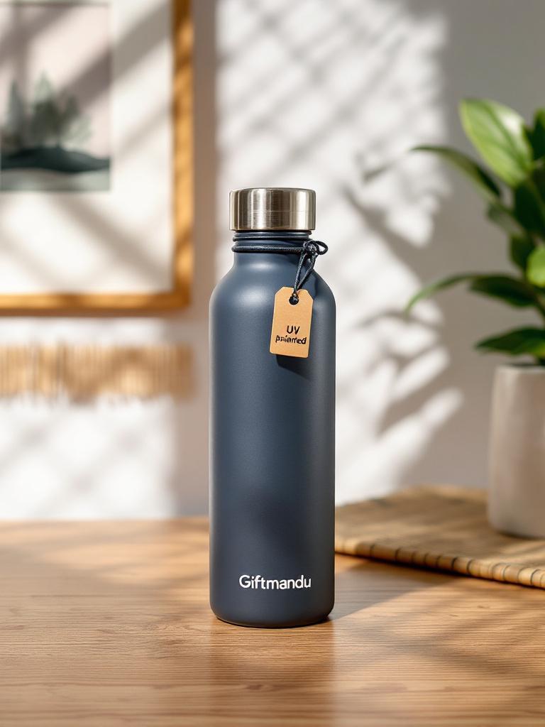 Custom metal water bottle with colorful UV-printed logo and name, personalized gift by Giftmandu Nepal