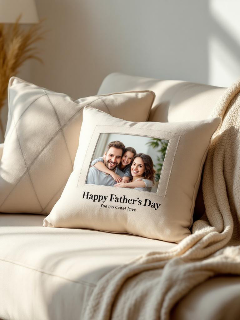 Soft custom cushion Soft custom cushion featuring a family photo or inspiring message, placed on a sofa in a minimal cozy setting, premium Father’s Day Nepal 2025 gift.