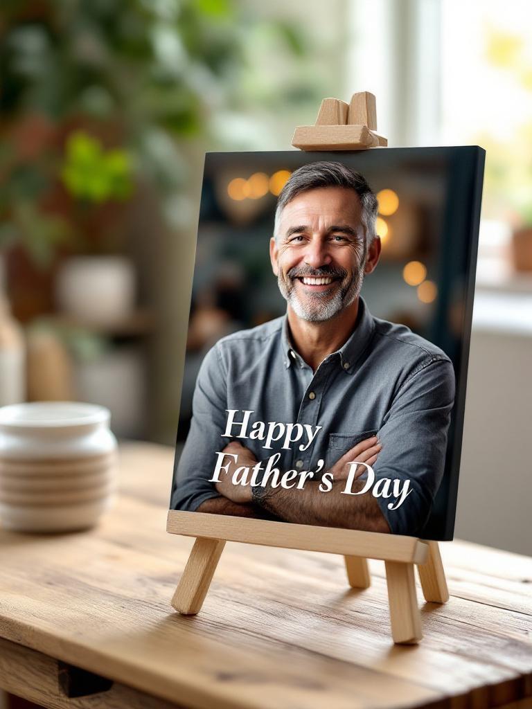 Personalized photo canvas print Personalized photo canvas print with a family photo and special message, displayed on a neutral wall, premium Father’s Day Nepal 2025 gift
