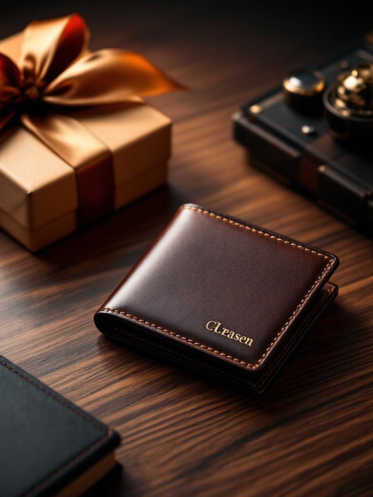 Sleek brown leather wallet with custom engraving in a gift box, perfect last-minute Father&rsquo;s Day gift