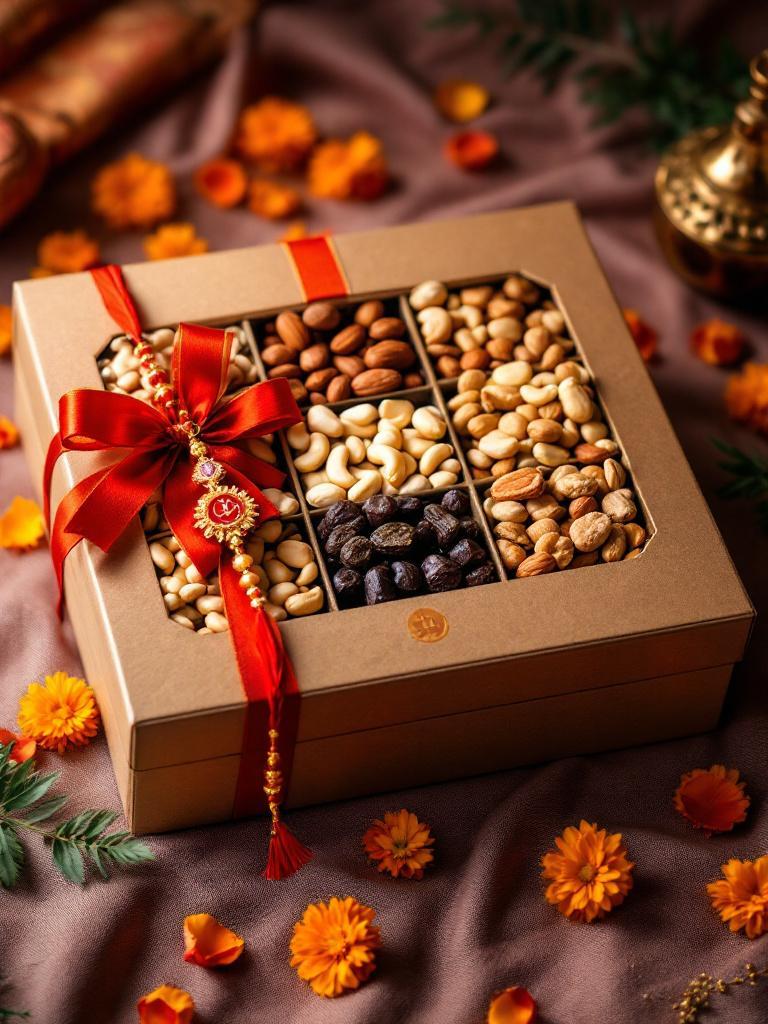 Rakhi with dry nuts combo  Raksha Bandhan dry nuts gift set  Healthy rakhi gifts for brother  Rakhi gift dry fruits combo  Nut gift hamper for rakhi  Rakhi healthy gift ideas  Dry nuts combo gift delivery Nepal