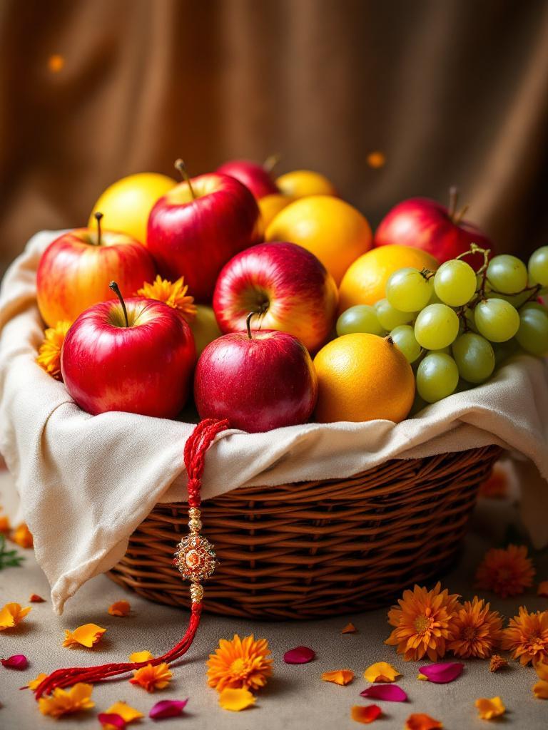 Rakhi with fresh fruits basket  Fresh fruit hamper for rakhi  Rakhi fruit basket gift  Healthy rakhi gifts for brother  Rakhi gift basket fresh fruits
