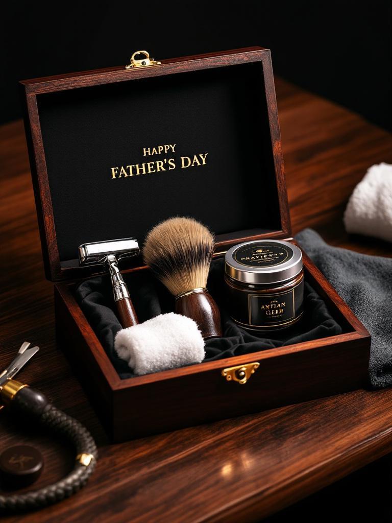 Father&rsquo;s Day shaving kit with shaving tools, beard care products, and skincare essentials.