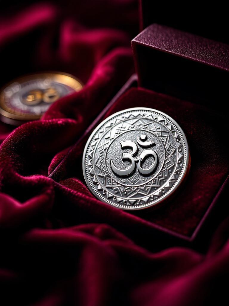 Engraved silver coins with auspicious Nepali symbols, displayed on a red velvet cloth highlighting their shine and cultural significance.