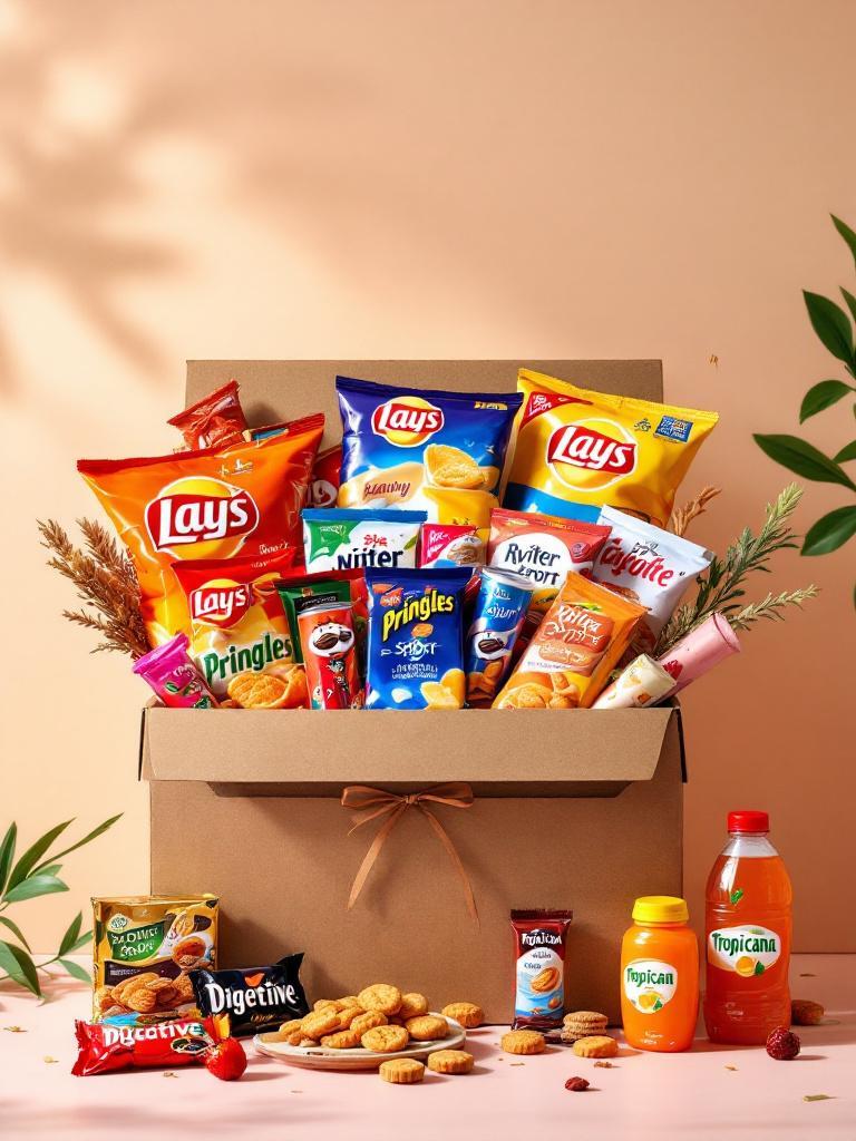 Gift hamper with chips, chocolates, biscuits and juice bottles packed in a kraft box &mdash; snack hamper delivery in Nepal