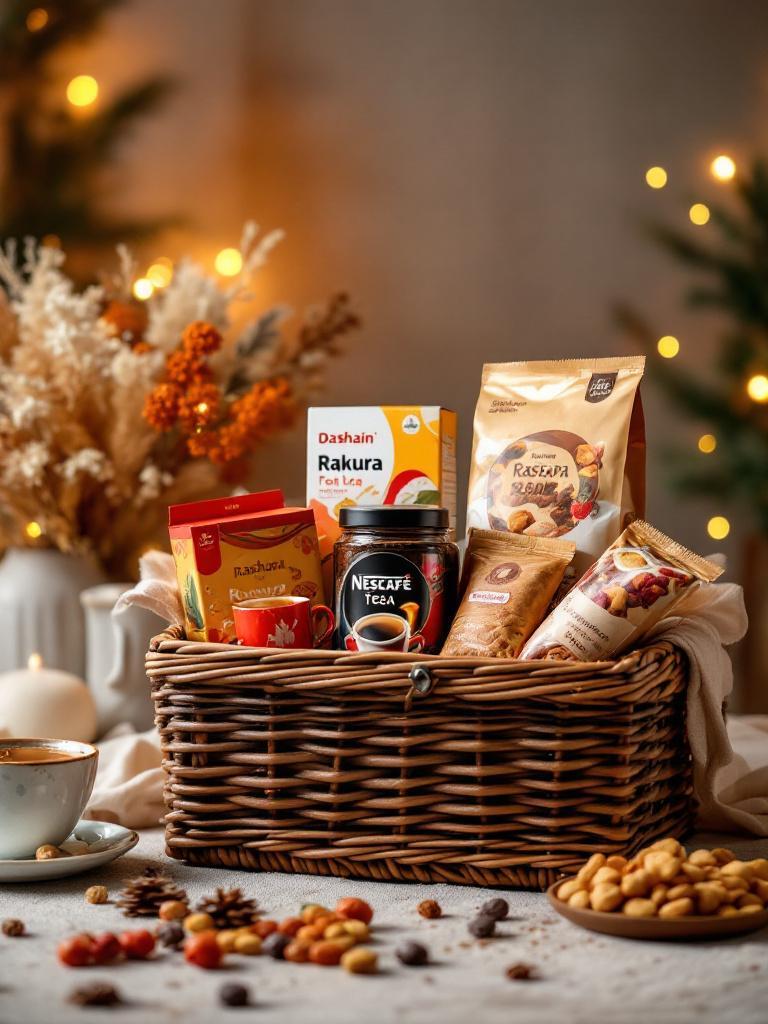 Dashain tea and coffee hamper featuring a box of Rakura tea, a jar of Nescafe coffee, and a small snack pouch, elegantly arranged in a basket with subtle festive d&eacute;cor for a cozy celebration.