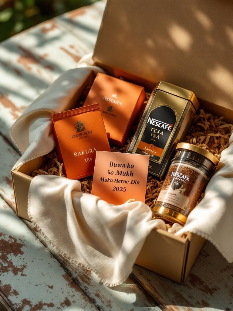 Father&rsquo;s Day coffee and tea gift set with Himalayan teas, fresh coffee beans, and a steaming ceramic cup, displayed with a Nepali card on a wooden table in warm morning light.