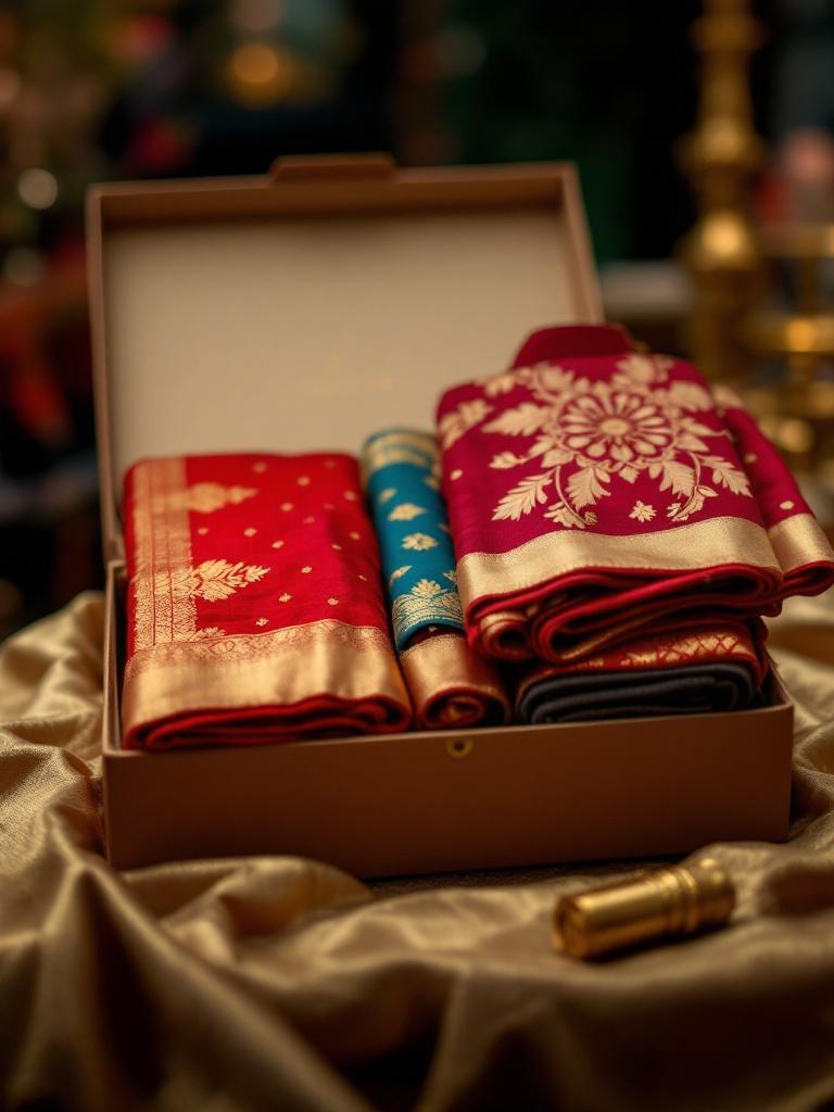 A premium gift box containing vibrant sarees, kurta suruwals, and dhaka topis, showcasing traditional Nepali Dashain attire with rich colors and intricate designs.