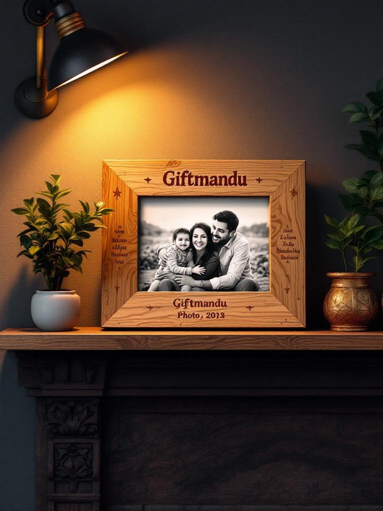 Wooden photo frame engraved with names and dates using CO₂ laser, personalized gift by Giftmandu Nepal